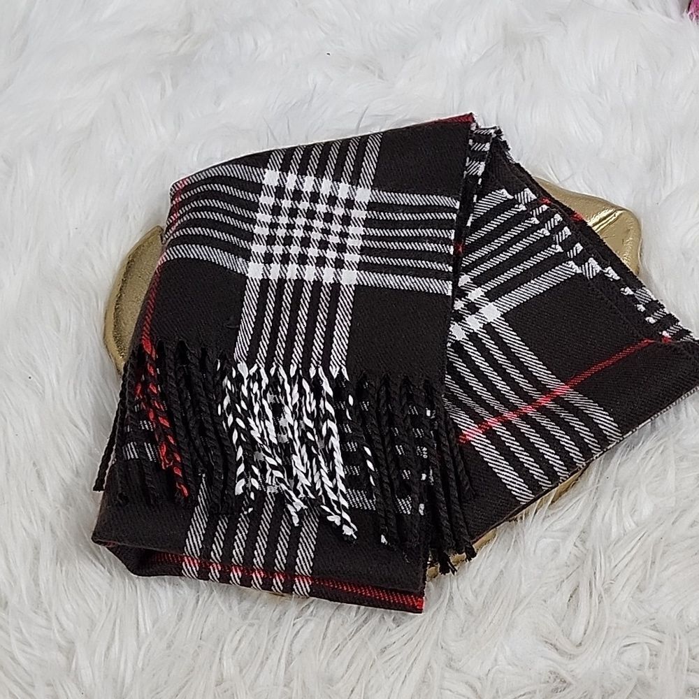 Luxury Cashmere Braided  Fringed Buttery Soft Plaid Scarf Chocolate Brown